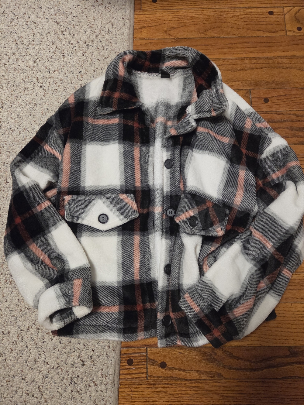 SHEIN White, Black & Blush Plaid Button-Up Shacket